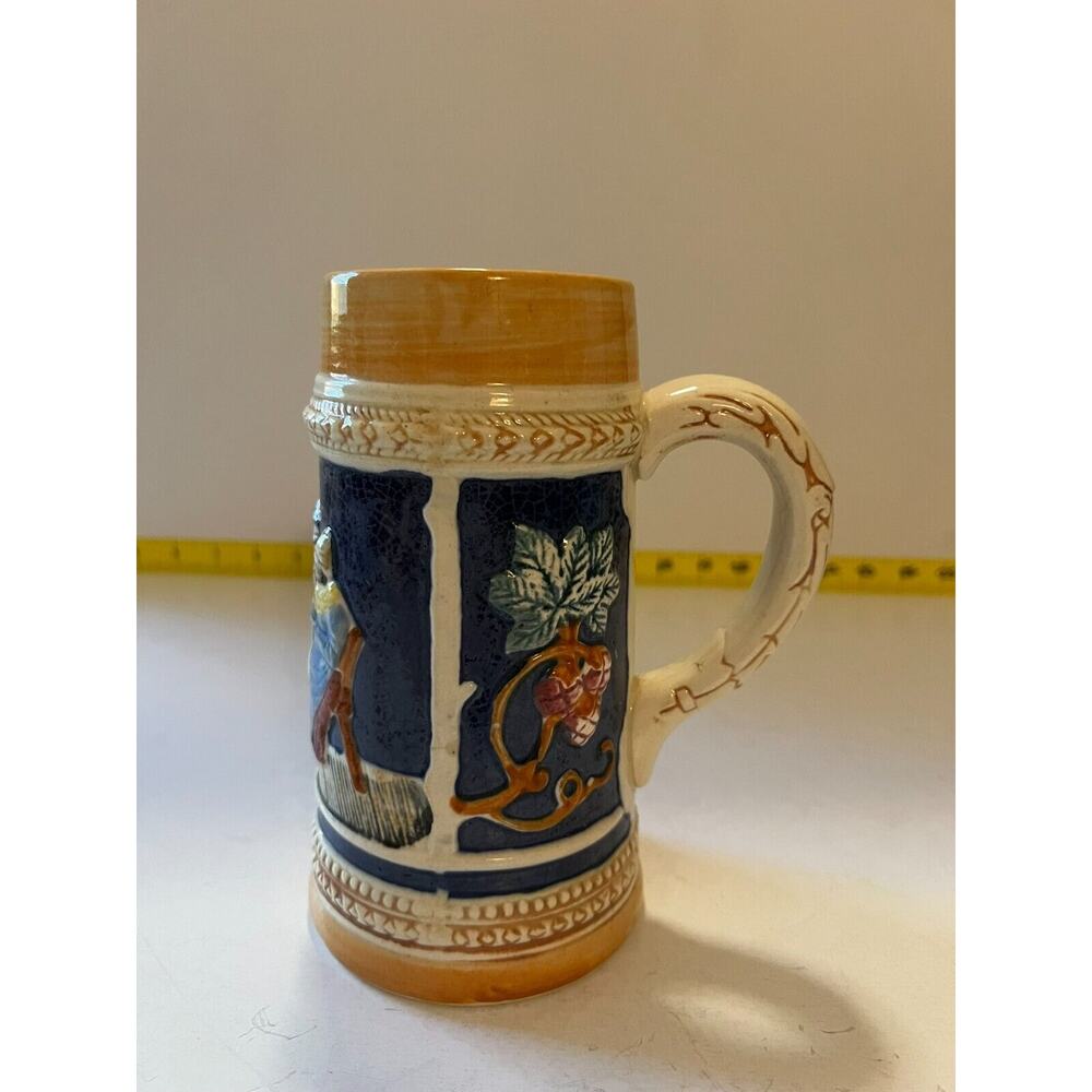 Vintage Ceramic Beer Stein Mug Made In Japan Raised Artwork Design Pub Glassware